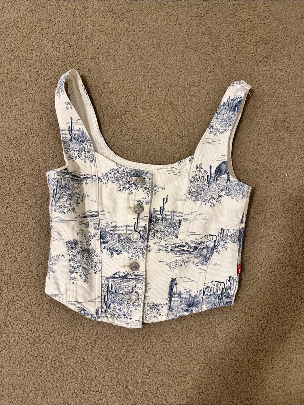 Levi's White Cropped Tank Top with Blue Toile Print